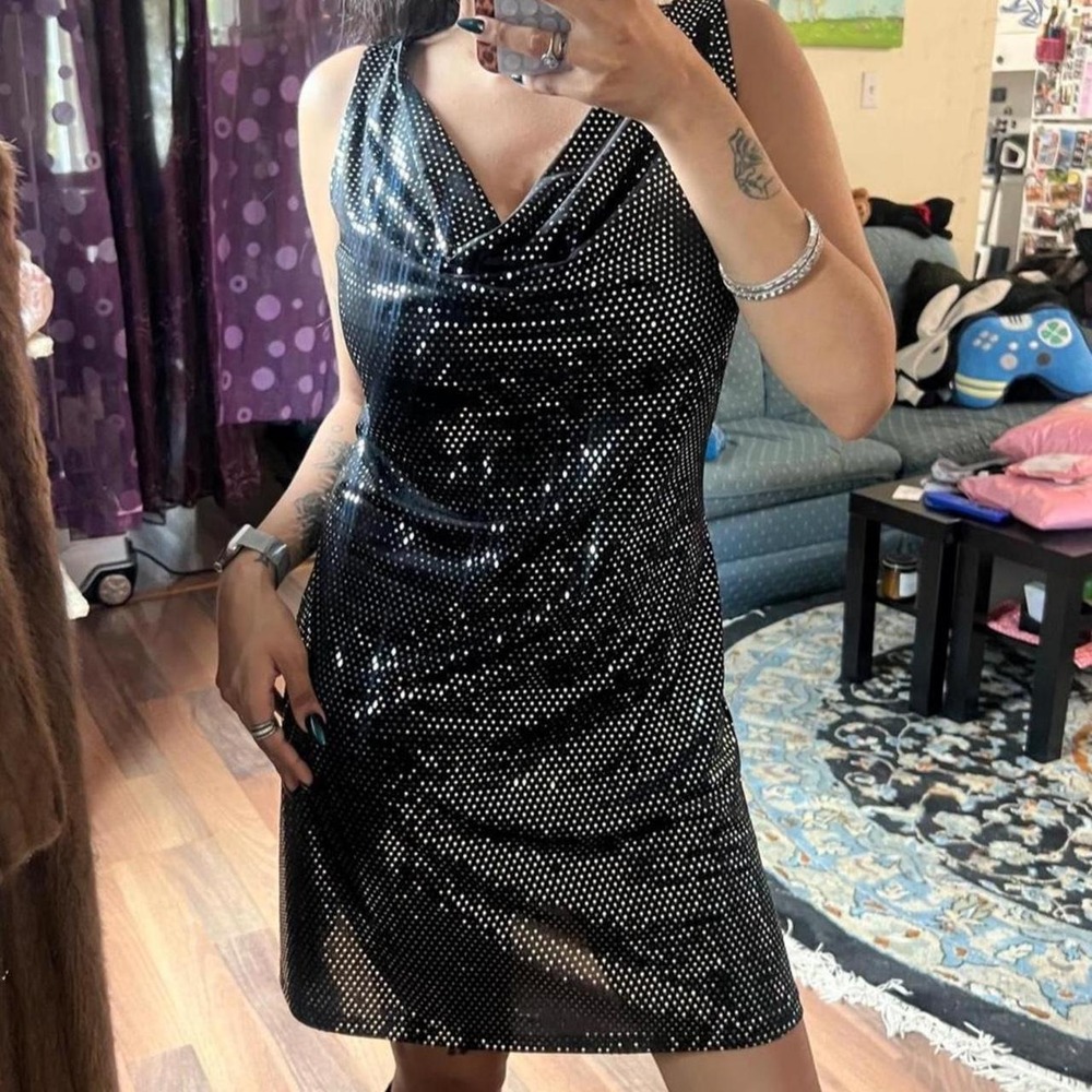 Metallic Cowl Neck MAJORA LBD Mini Dress